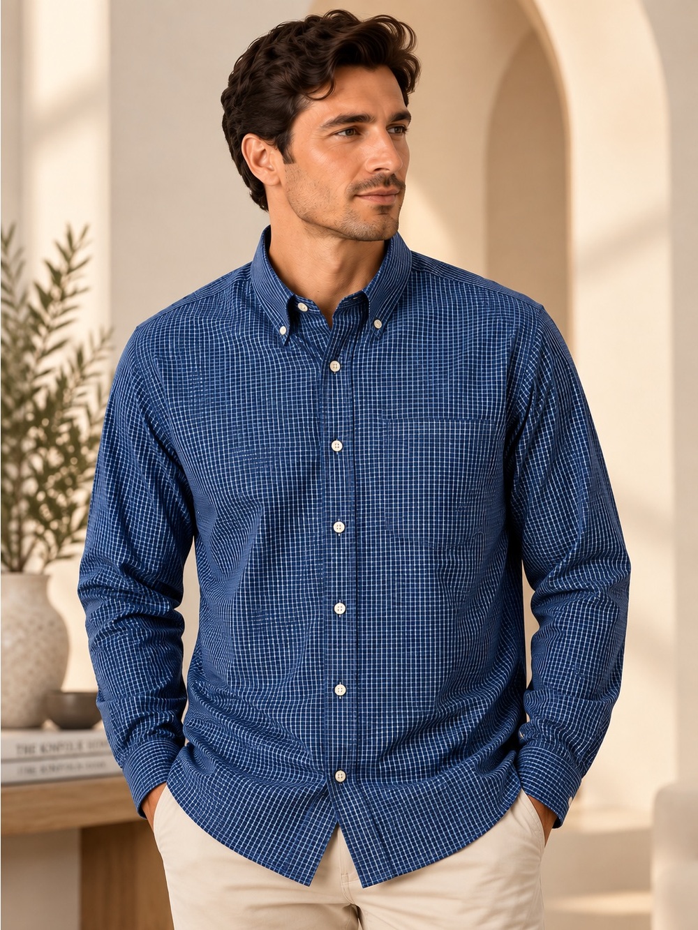 Eddie Bauer Menβs Navy Check Wrinkle Free Button Down Shirt L
